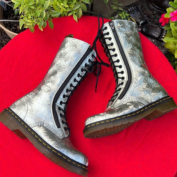 Dr. Martens Holographic Silver Prism Tall 14 Eye Lace Up & Side Zip Boots - Picture 15 of 17